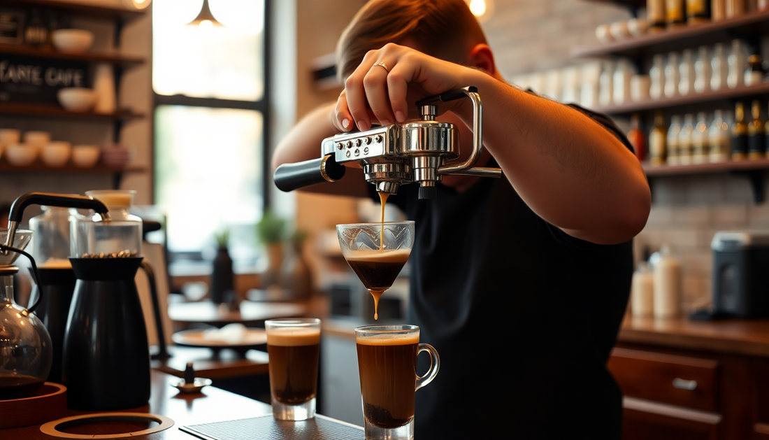 Barista pouring fresh espresso from a coffee machine in a modern café setting
