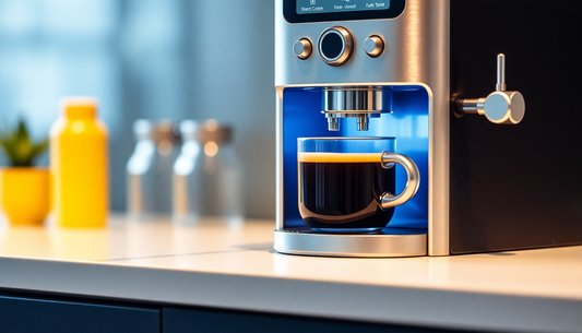 Modern espresso machine brewing fresh coffee into a glass cup on a kitchen counter