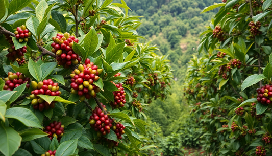 Coffee beans being harvested on a lush farm