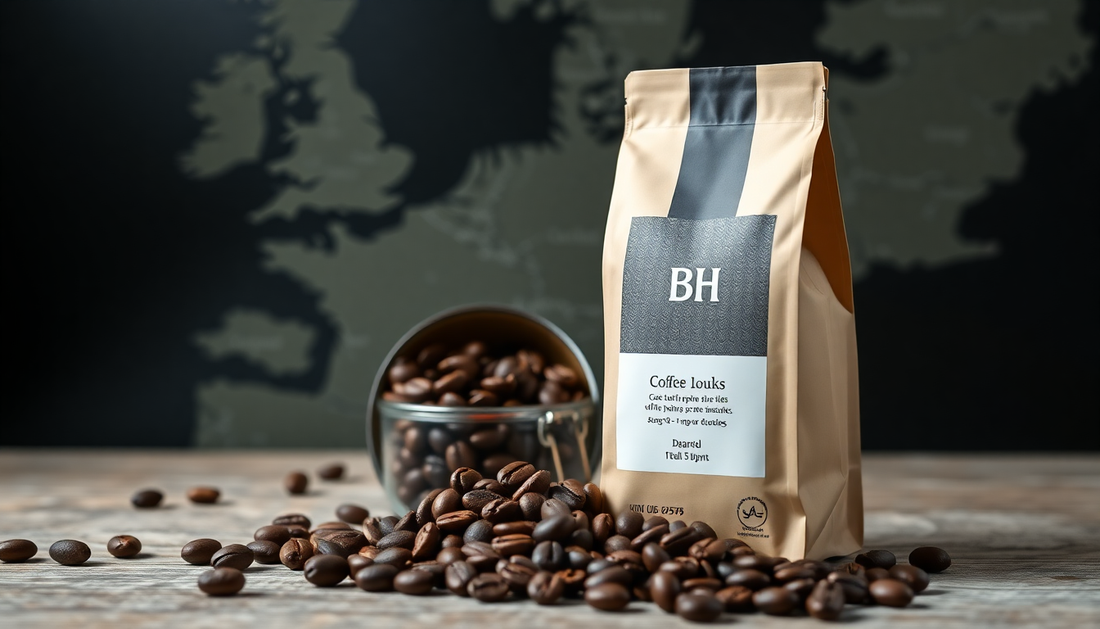 Premium coffee beans in a bag and cup on wooden table, map of UK in background