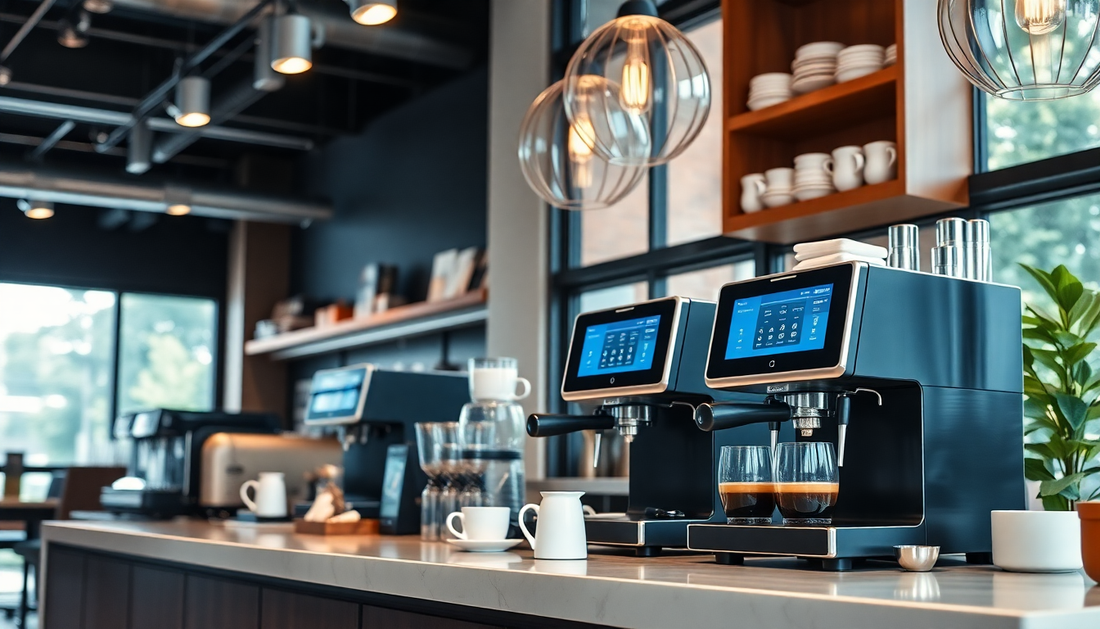 Modern coffee shop with AI brewing machines in action