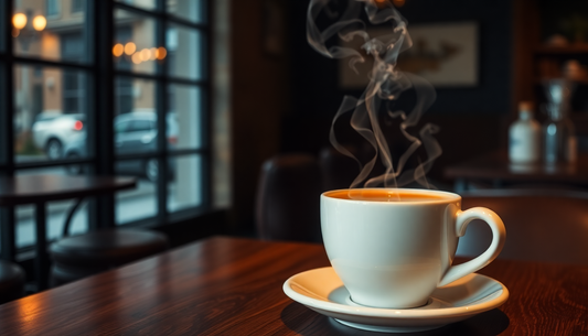 Steaming cup of coffee on a table showcasing the brew-it cafe experience in a cozy setting