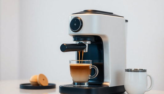 A sleek AI coffee machine brewing fresh coffee
