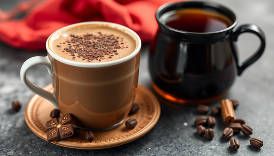 Artisan hot chocolate in a mug topped with chocolate flakes beside a black coffee cup, coffee beans, and cinnamon stick on a textured surface.