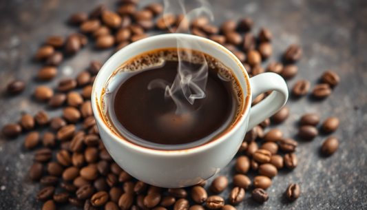 A steaming cup of coffee with various beans around