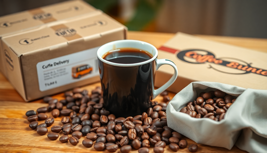 A coffee cup with coffee beans and delivery boxes