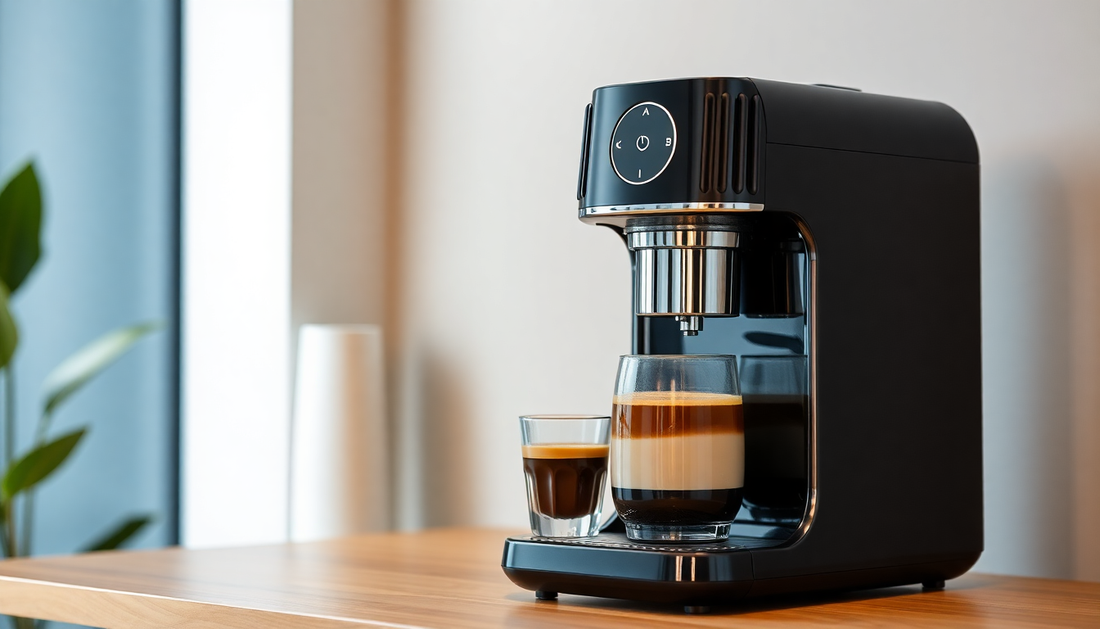 A sleek AI coffee machine brewing coffee automatically