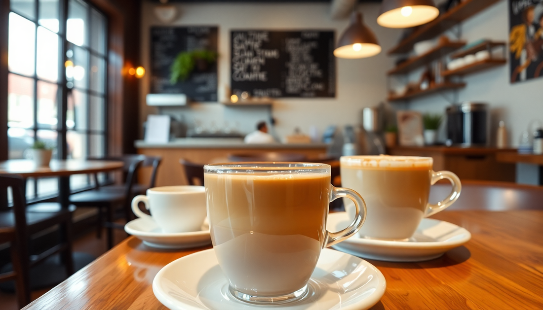 Steaming lattes and tea on wooden café table with cozy modern coffee shop interior
