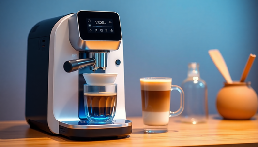 Modern coffee machine brewing espresso with latte glass on wooden countertop, warm lighting
