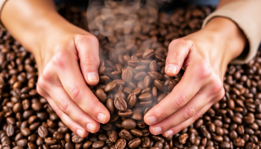 Hands holding freshly roasted coffee beans showcasing the freshly roasted coffee benefits