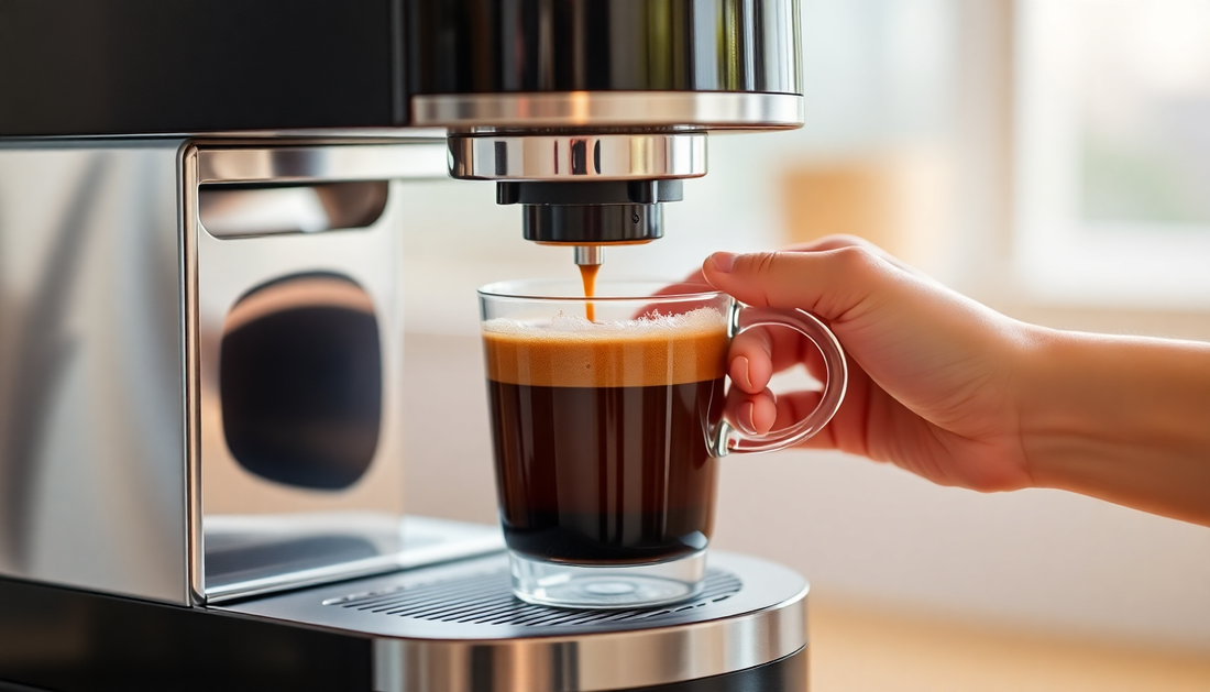 Hand holding glass mug as fresh espresso pours from modern coffee machine