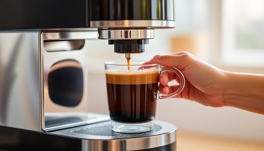 Hand holding glass mug as fresh espresso pours from modern coffee machine