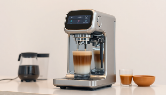 A smart AI coffee machine brewing espresso