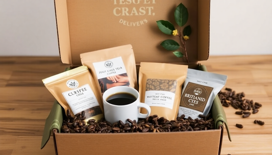 A delivery box filled with artisan coffee and premium teas