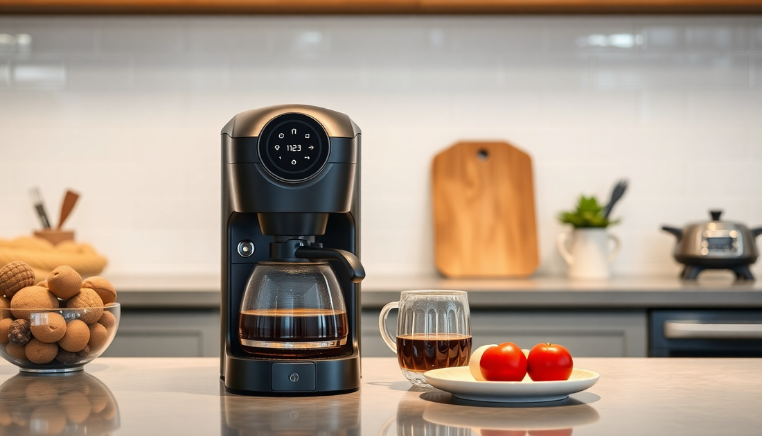 Modern black coffee machine on kitchen counter with glass mug, plate of tomatoes and egg nearby.