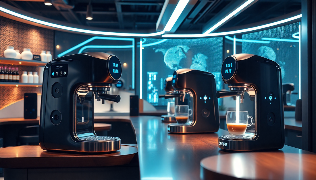 A futuristic café with AI-driven coffee brewing machines