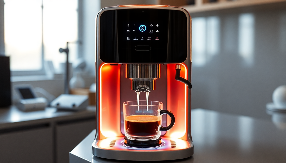 A futuristic coffee machine with glowing AI interface