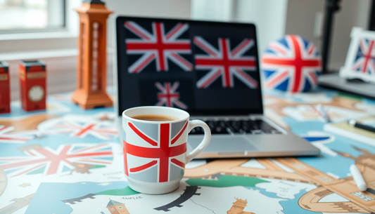 A coffee cup and laptop on a UK-themed desk
