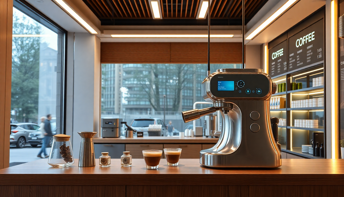 A futuristic coffee shop with AI brewing coffee