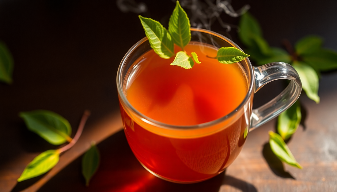 A steaming cup of tea with fresh leaves, showcasing the premium tea selection Brew-itCafe