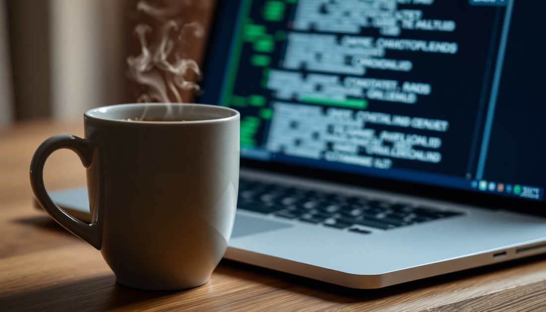 A steaming coffee cup beside a laptop with digital backlinks