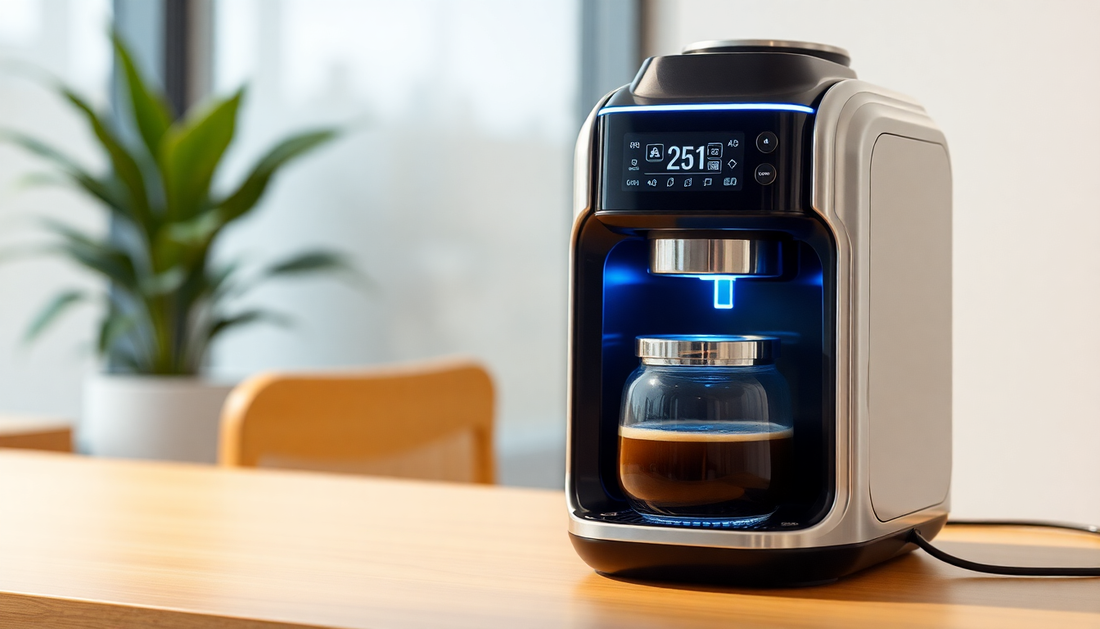 A futuristic smart coffee maker with digital interface