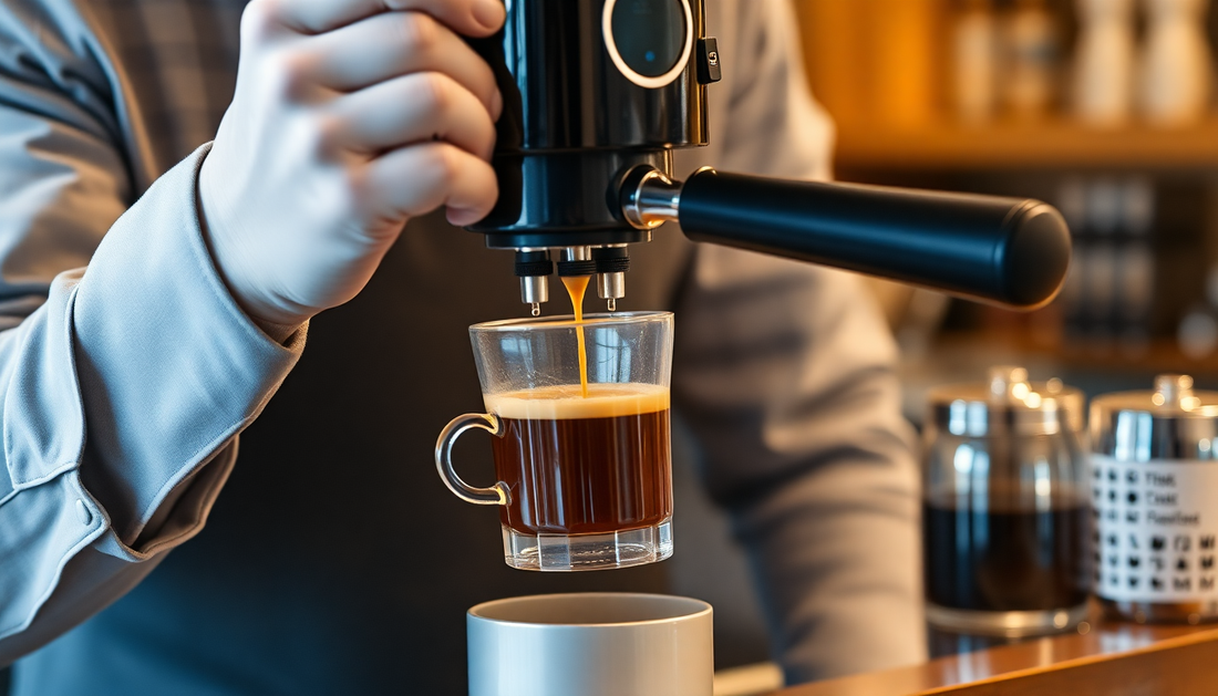 Barista making fresh espresso coffee with a modern machine in a cozy café setting