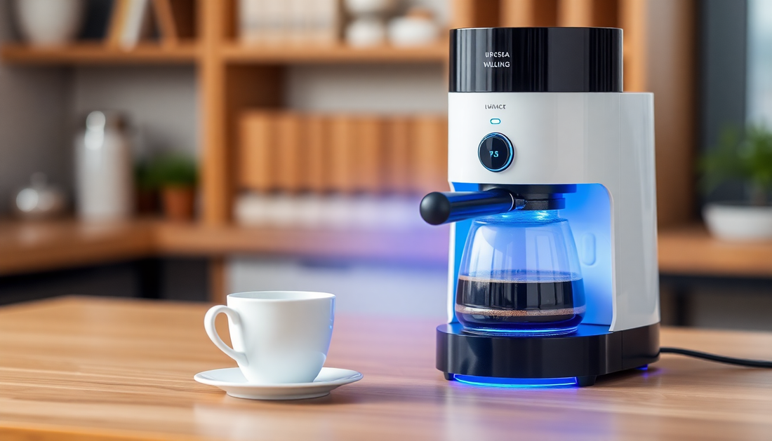A smart coffee maker brewing coffee with AI technology