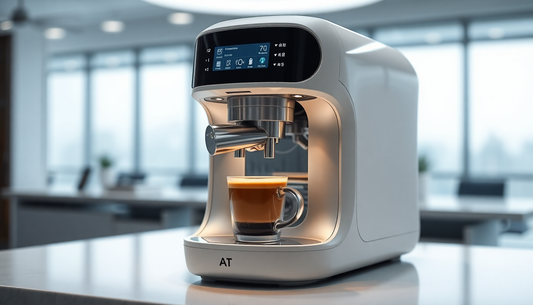 A futuristic AI coffee machine brewing luxury coffee