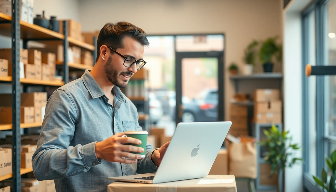 A coffee shop owner managing dropshipping inventory