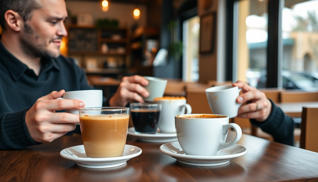 Two friends enjoying Brew-it Cafe coffee reviews while sampling different coffee cups at a cozy cafe
