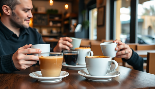 Two friends enjoying Brew-it Cafe coffee reviews while sampling different coffee cups at a cozy cafe