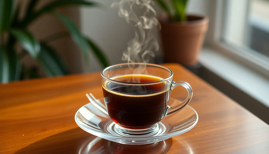 A steaming cup of tea on a wooden table, showcasing perfect decaf tea brewing in a cozy setting