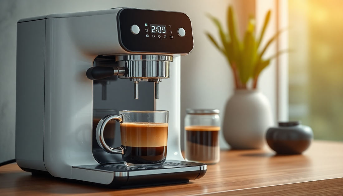 A sleek AI coffee machine brewing fresh coffee