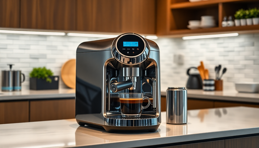 A sleek AI coffee machine brewing coffee in modern kitchen