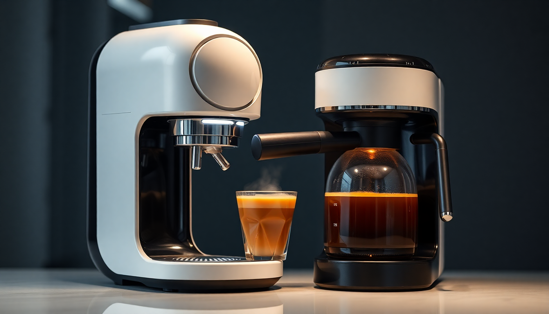A sleek AI coffee machine brewing fresh coffee