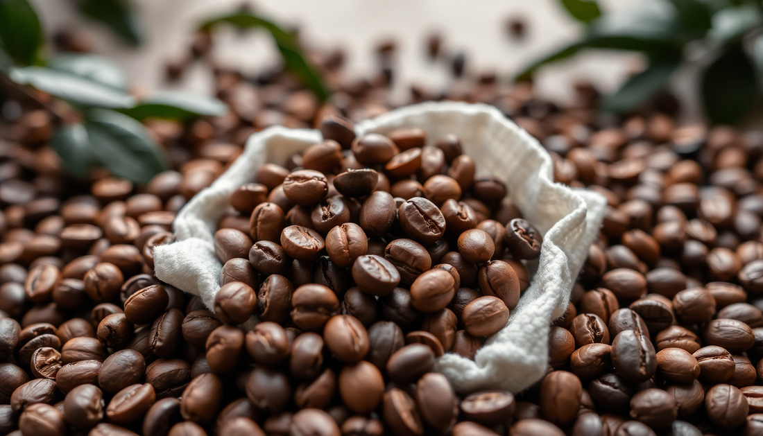 Fresh roasted coffee beans in a cloth pouch with green leaves in the background