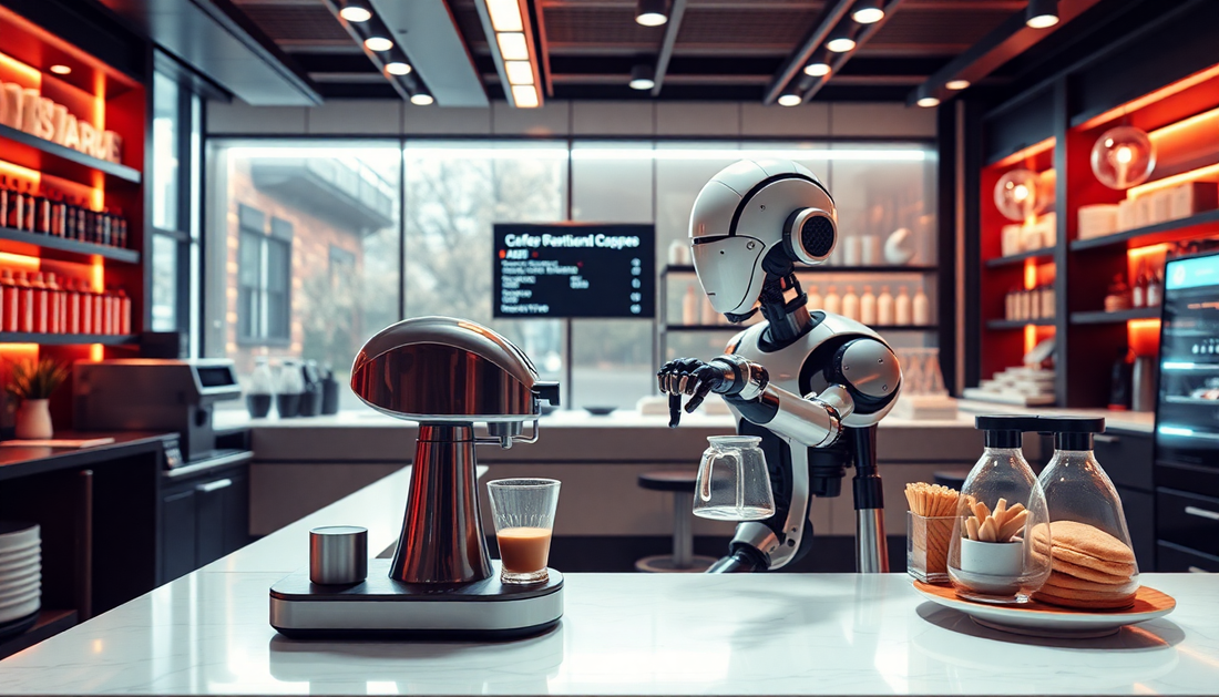 A futuristic cafe with AI barista making coffee