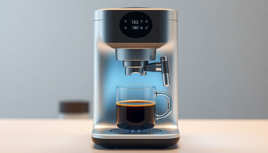 Modern espresso machine brewing fresh coffee into a clear glass mug on a countertop