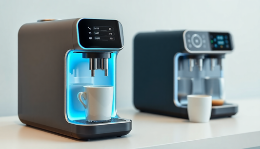 A sleek AI coffee machine brewing personalized coffee