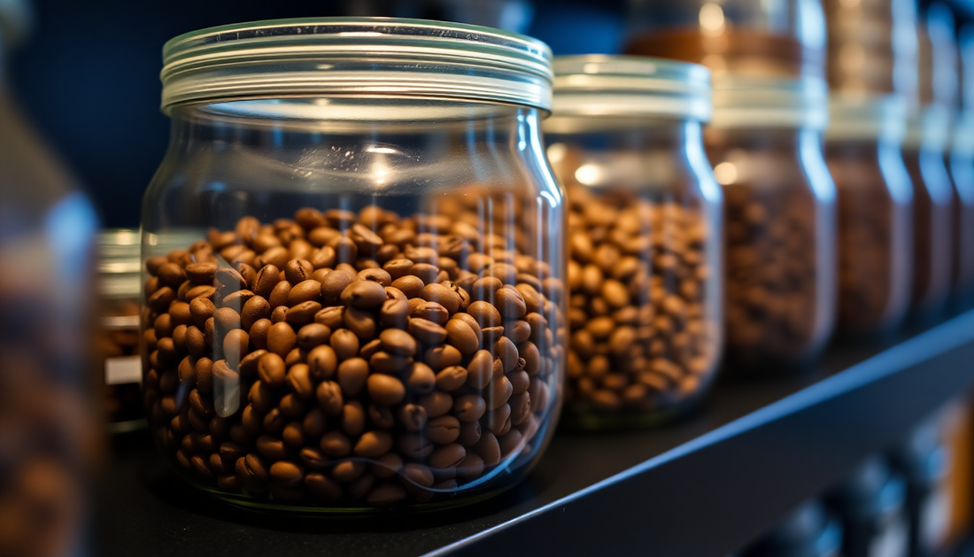 Glass jars filled with roasted coffee beans showcasing the best way to store coffee beans