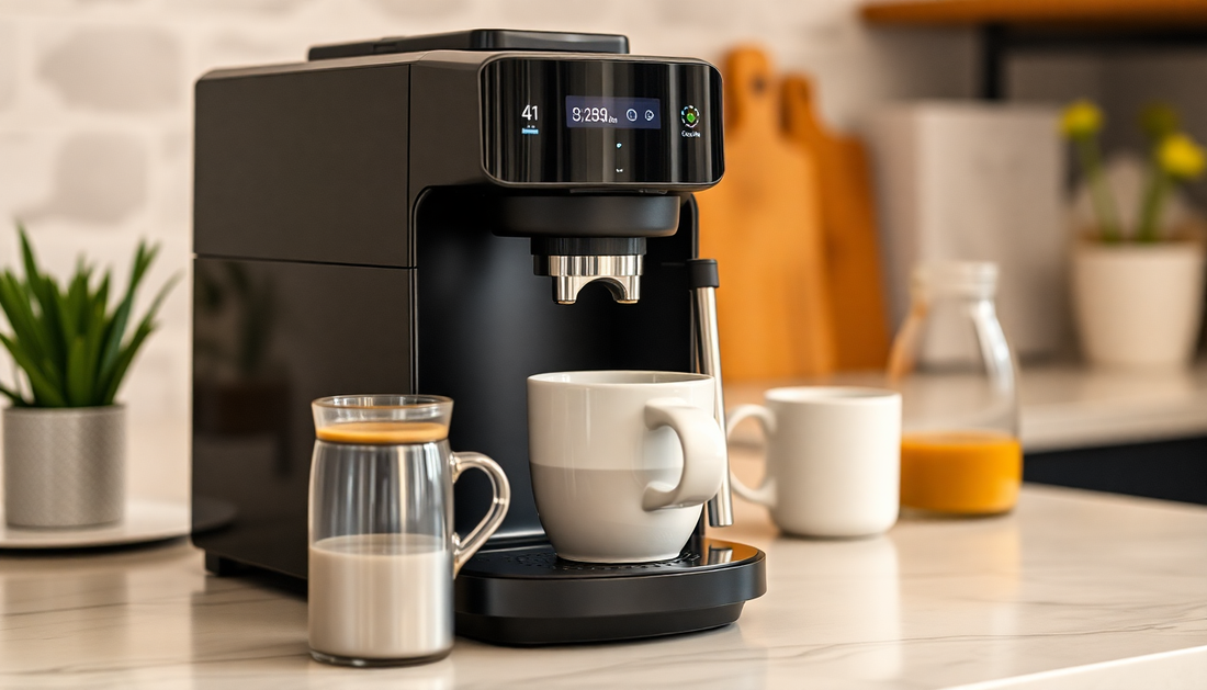Modern espresso coffee machine brewing fresh coffee into a white cup on a kitchen countertop