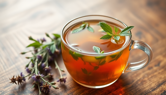 A steaming cup of herbal tea with fresh herbs