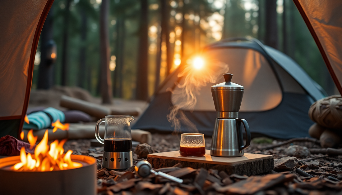 Best portable coffee maker 2025 set up at a campsite with coffee brewing and warm sunlight