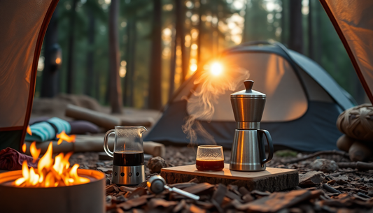 Best portable coffee maker 2025 set up at a campsite with coffee brewing and warm sunlight