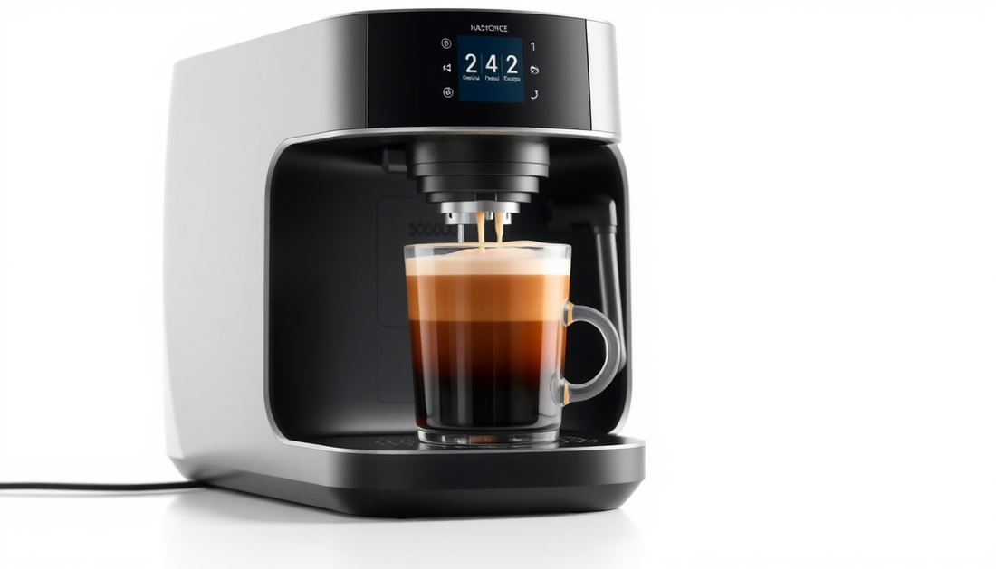 Modern coffee machine brewing fresh espresso with crema in glass cup
