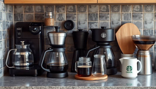 A countertop with various coffee brewing tools