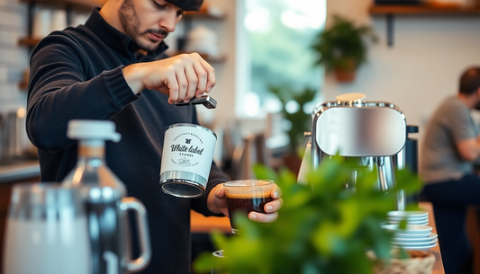 A barista preparing white label coffee in a cozy cafe