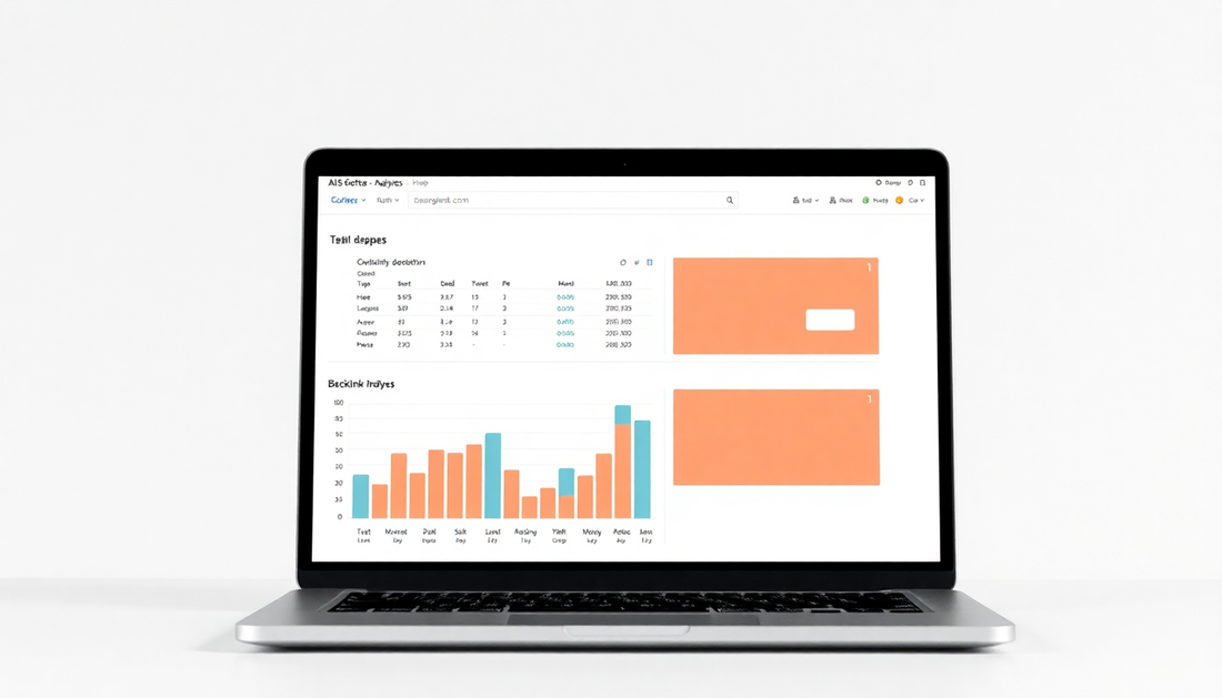 A laptop showing AI backlink analysis for coffee blogs
