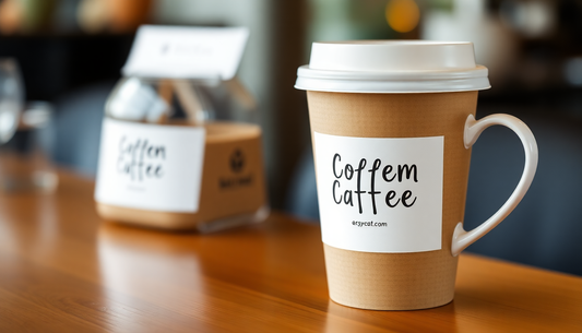 A coffee cup with a custom white label on a wooden table